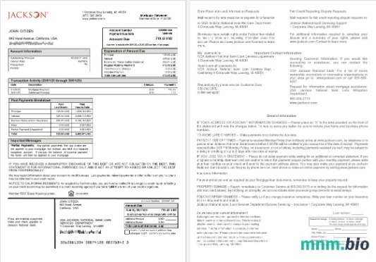 USA Jackson National Bank wyciąg z kredytu hipotecznego w formatach Word i PDF
